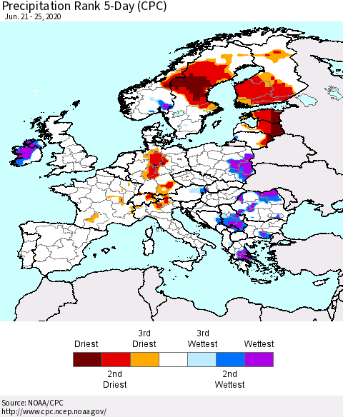 Europe Precipitation Rank since 1981, 5-Day (CPC) Thematic Map For 6/21/2020 - 6/25/2020