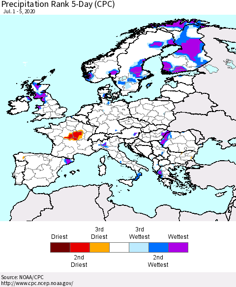 Europe Precipitation Rank 5-Day (CPC) Thematic Map For 7/1/2020 - 7/5/2020