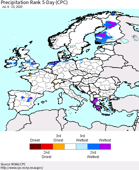 Europe Precipitation Rank since 1981, 5-Day (CPC) Thematic Map For 7/6/2020 - 7/10/2020