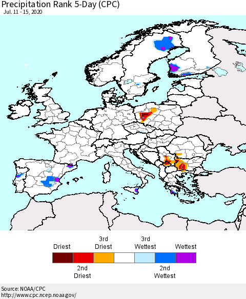 Europe Precipitation Rank 5-Day (CPC) Thematic Map For 7/11/2020 - 7/15/2020