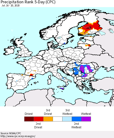 Europe Precipitation Rank since 1981, 5-Day (CPC) Thematic Map For 7/16/2020 - 7/20/2020