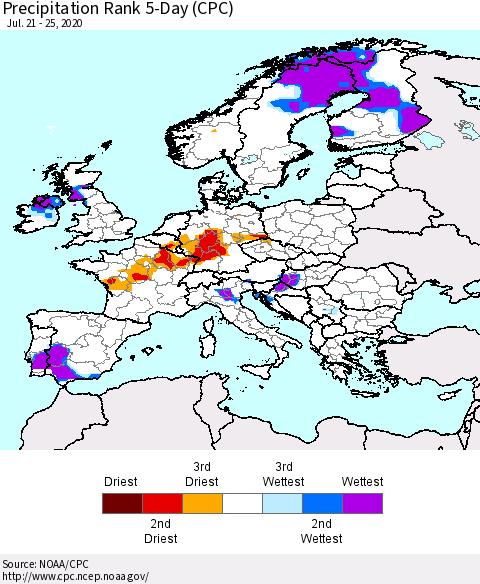 Europe Precipitation Rank 5-Day (CPC) Thematic Map For 7/21/2020 - 7/25/2020