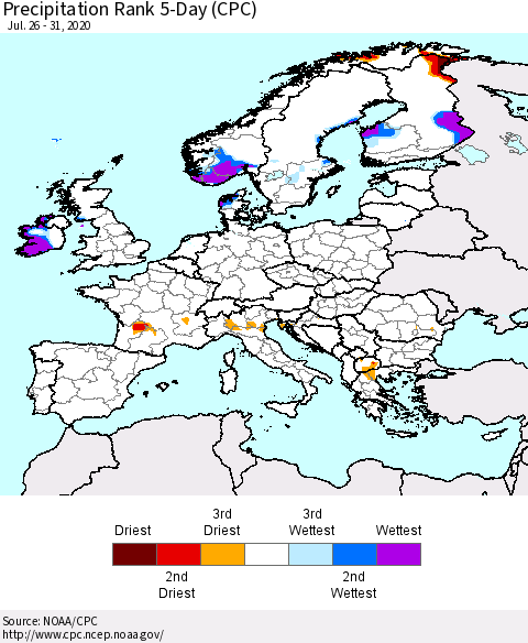 Europe Precipitation Rank 5-Day (CPC) Thematic Map For 7/26/2020 - 7/31/2020