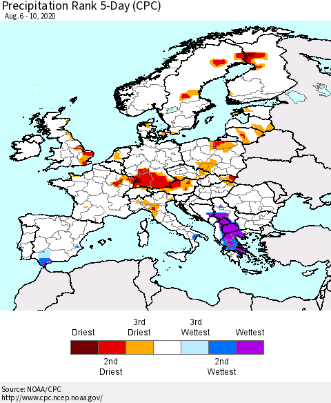Europe Precipitation Rank since 1981, 5-Day (CPC) Thematic Map For 8/6/2020 - 8/10/2020