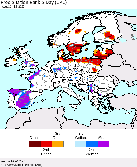 Europe Precipitation Rank since 1981, 5-Day (CPC) Thematic Map For 8/11/2020 - 8/15/2020