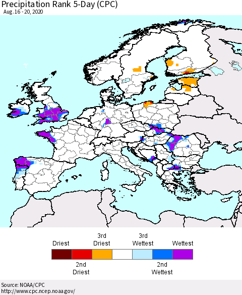 Europe Precipitation Rank 5-Day (CPC) Thematic Map For 8/16/2020 - 8/20/2020