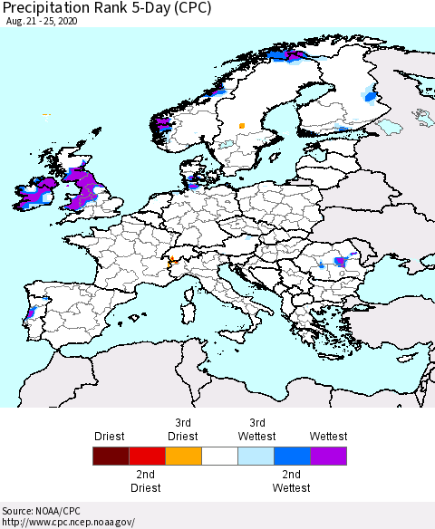 Europe Precipitation Rank 5-Day (CPC) Thematic Map For 8/21/2020 - 8/25/2020