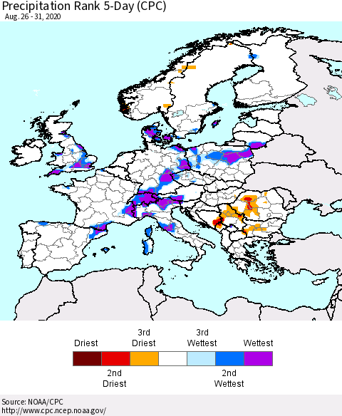 Europe Precipitation Rank 5-Day (CPC) Thematic Map For 8/26/2020 - 8/31/2020