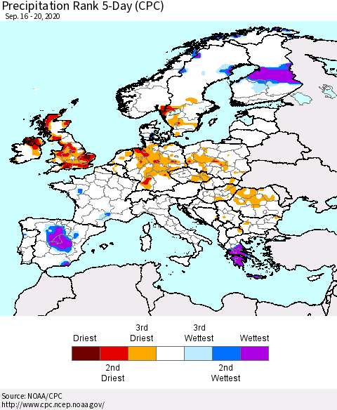 Europe Precipitation Rank since 1981, 5-Day (CPC) Thematic Map For 9/16/2020 - 9/20/2020