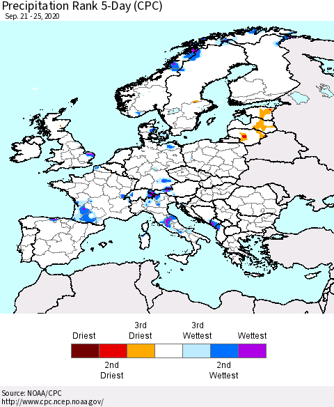 Europe Precipitation Rank 5-Day (CPC) Thematic Map For 9/21/2020 - 9/25/2020
