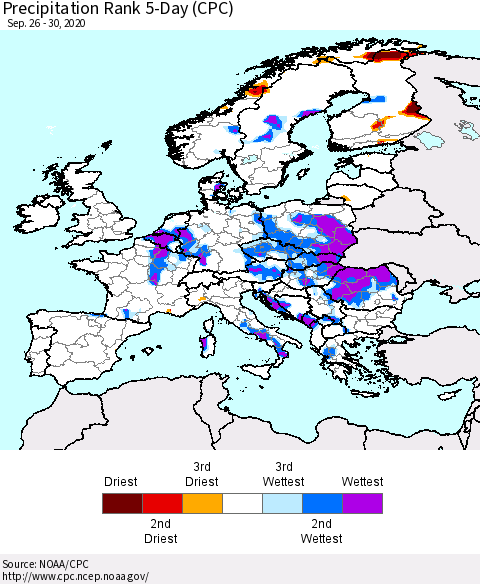 Europe Precipitation Rank 5-Day (CPC) Thematic Map For 9/26/2020 - 9/30/2020