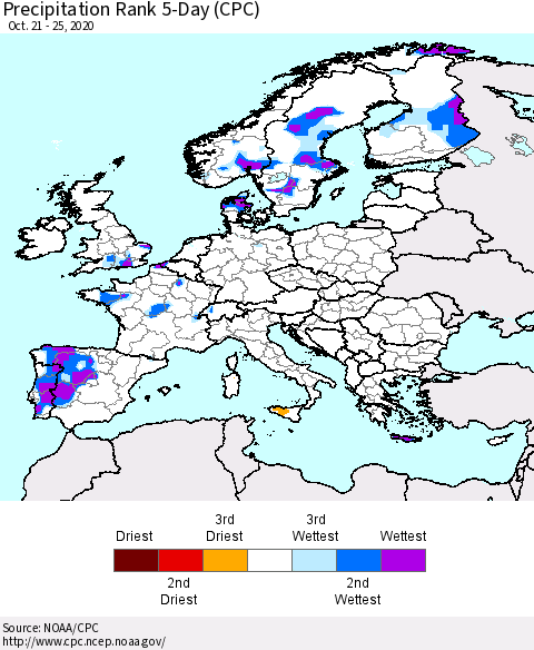 Europe Precipitation Rank 5-Day (CPC) Thematic Map For 10/21/2020 - 10/25/2020