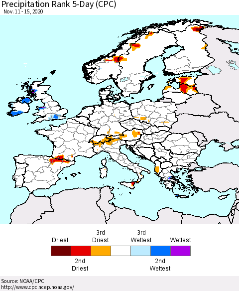 Europe Precipitation Rank since 1981, 5-Day (CPC) Thematic Map For 11/11/2020 - 11/15/2020