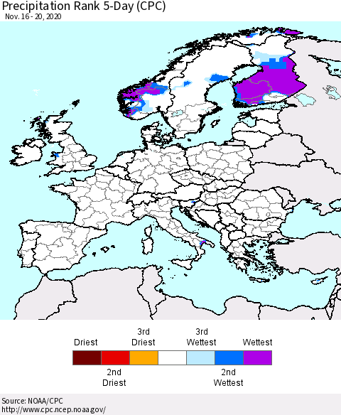 Europe Precipitation Rank since 1981, 5-Day (CPC) Thematic Map For 11/16/2020 - 11/20/2020