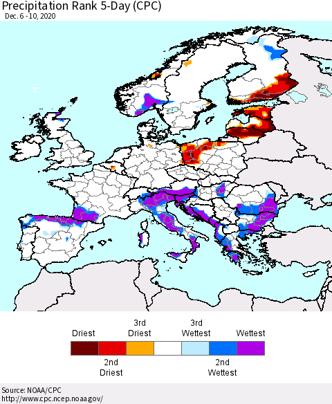 Europe Precipitation Rank 5-Day (CPC) Thematic Map For 12/6/2020 - 12/10/2020