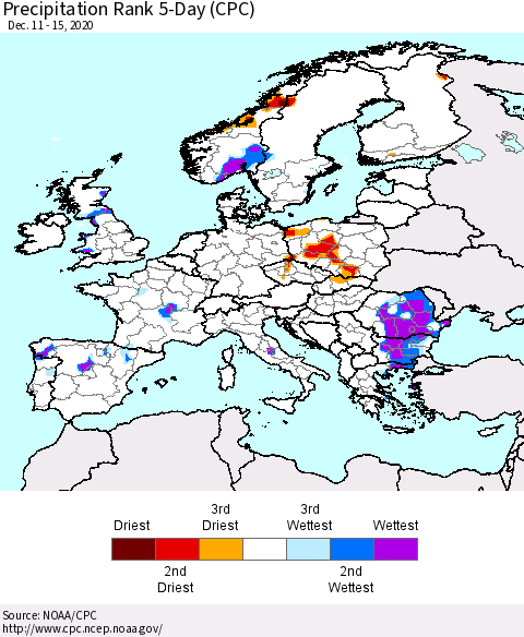 Europe Precipitation Rank 5-Day (CPC) Thematic Map For 12/11/2020 - 12/15/2020