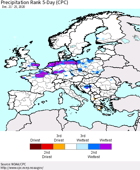 Europe Precipitation Rank 5-Day (CPC) Thematic Map For 12/21/2020 - 12/25/2020