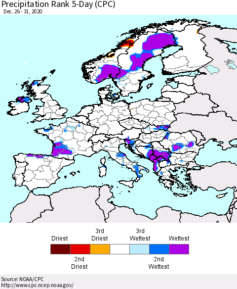 Europe Precipitation Rank 5-Day (CPC) Thematic Map For 12/26/2020 - 12/31/2020