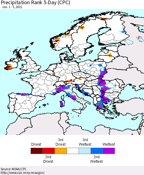 Europe Precipitation Rank since 1981, 5-Day (CPC) Thematic Map For 1/1/2021 - 1/5/2021
