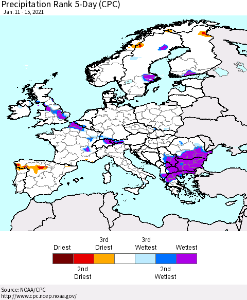 Europe Precipitation Rank 5-Day (CPC) Thematic Map For 1/11/2021 - 1/15/2021