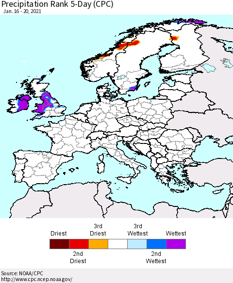 Europe Precipitation Rank 5-Day (CPC) Thematic Map For 1/16/2021 - 1/20/2021