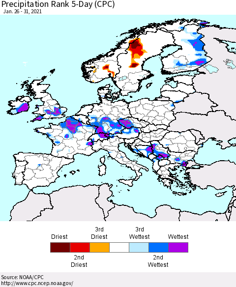 Europe Precipitation Rank 5-Day (CPC) Thematic Map For 1/26/2021 - 1/31/2021