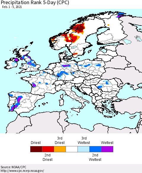 Europe Precipitation Rank 5-Day (CPC) Thematic Map For 2/1/2021 - 2/5/2021