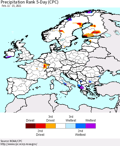 Europe Precipitation Rank 5-Day (CPC) Thematic Map For 2/11/2021 - 2/15/2021