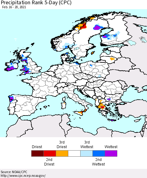Europe Precipitation Rank 5-Day (CPC) Thematic Map For 2/16/2021 - 2/20/2021