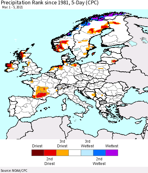 Europe Precipitation Rank 5-Day (CPC) Thematic Map For 3/1/2021 - 3/5/2021