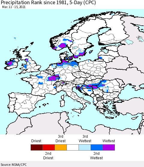 Europe Precipitation Rank since 1981, 5-Day (CPC) Thematic Map For 3/11/2021 - 3/15/2021