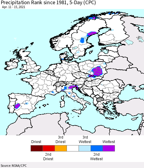 Europe Precipitation Rank since 1981, 5-Day (CPC) Thematic Map For 4/11/2021 - 4/15/2021