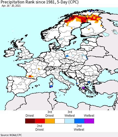 Europe Precipitation Rank 5-Day (CPC) Thematic Map For 4/16/2021 - 4/20/2021