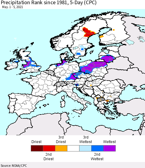 Europe Precipitation Rank 5-Day (CPC) Thematic Map For 5/1/2021 - 5/5/2021