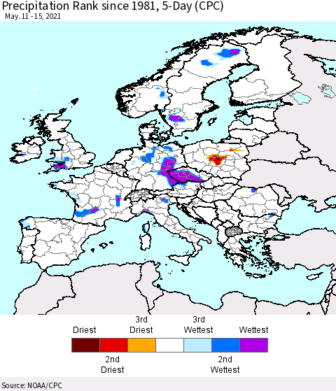 Europe Precipitation Rank since 1981, 5-Day (CPC) Thematic Map For 5/11/2021 - 5/15/2021