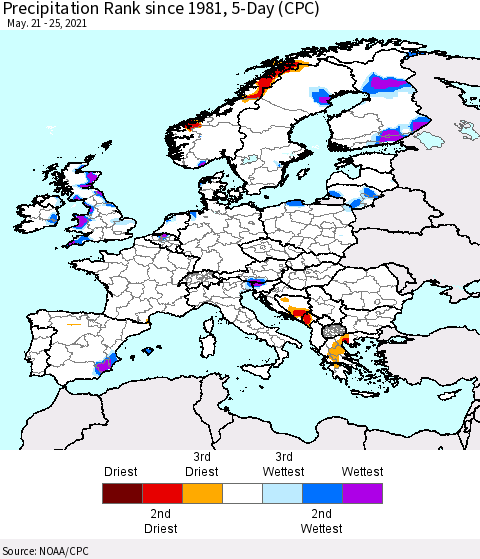 Europe Precipitation Rank 5-Day (CPC) Thematic Map For 5/21/2021 - 5/25/2021