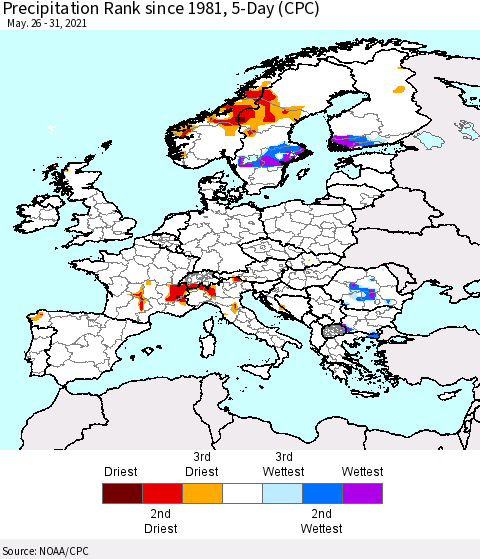 Europe Precipitation Rank 5-Day (CPC) Thematic Map For 5/26/2021 - 5/31/2021