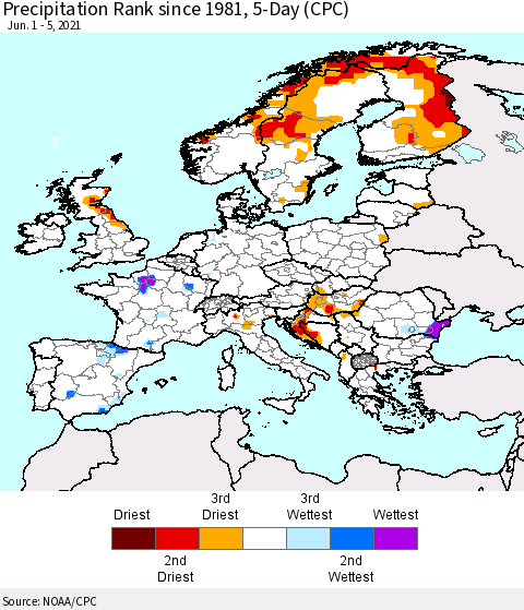 Europe Precipitation Rank 5-Day (CPC) Thematic Map For 6/1/2021 - 6/5/2021