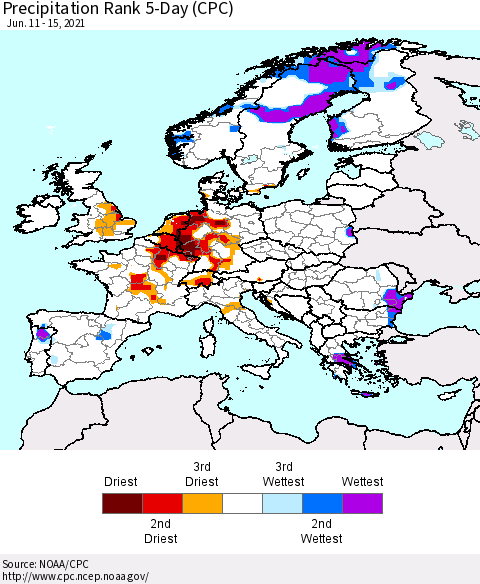 Europe Precipitation Rank 5-Day (CPC) Thematic Map For 6/11/2021 - 6/15/2021