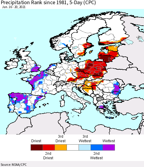 Europe Precipitation Rank since 1981, 5-Day (CPC) Thematic Map For 6/16/2021 - 6/20/2021