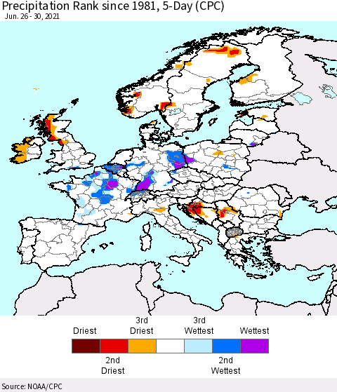 Europe Precipitation Rank 5-Day (CPC) Thematic Map For 6/26/2021 - 6/30/2021