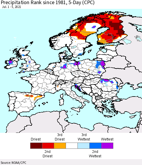 Europe Precipitation Rank 5-Day (CPC) Thematic Map For 7/1/2021 - 7/5/2021