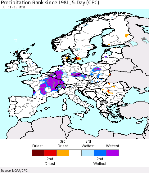 Europe Precipitation Rank 5-Day (CPC) Thematic Map For 7/11/2021 - 7/15/2021