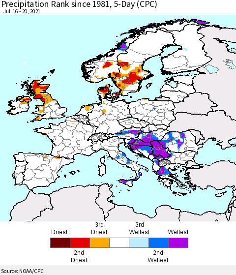 Europe Precipitation Rank 5-Day (CPC) Thematic Map For 7/16/2021 - 7/20/2021