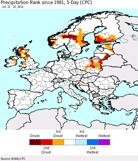 Europe Precipitation Rank since 1981, 5-Day (CPC) Thematic Map For 7/21/2021 - 7/25/2021