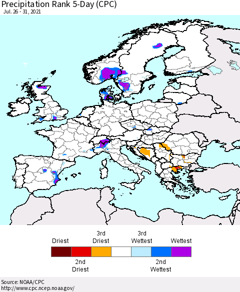 Europe Precipitation Rank 5-Day (CPC) Thematic Map For 7/26/2021 - 7/31/2021