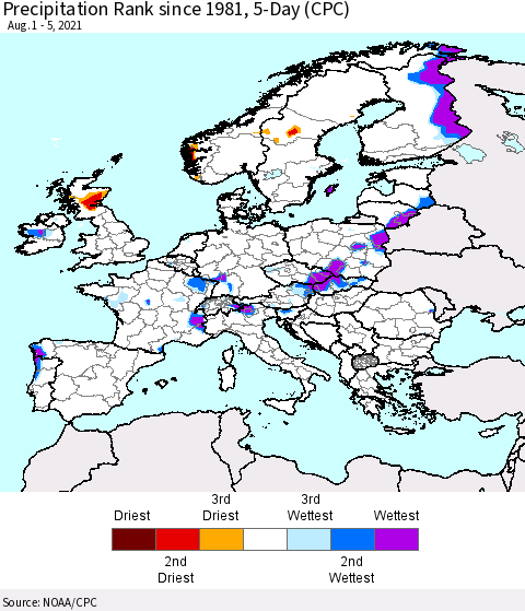 Europe Precipitation Rank 5-Day (CPC) Thematic Map For 8/1/2021 - 8/5/2021