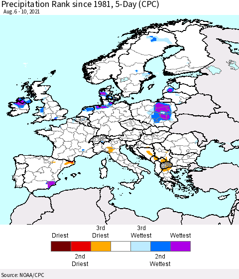 Europe Precipitation Rank 5-Day (CPC) Thematic Map For 8/6/2021 - 8/10/2021