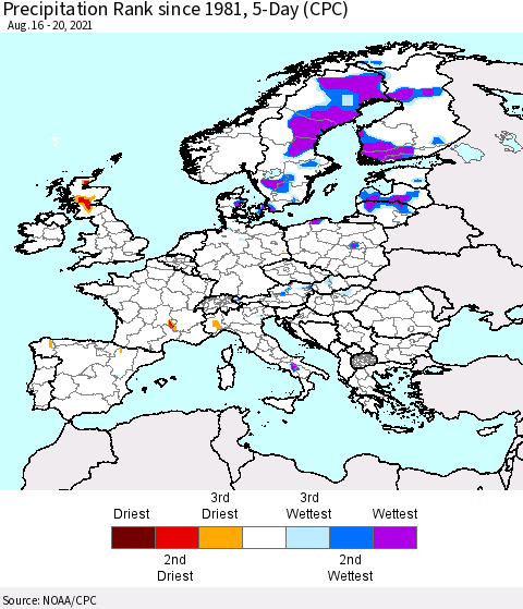 Europe Precipitation Rank 5-Day (CPC) Thematic Map For 8/16/2021 - 8/20/2021