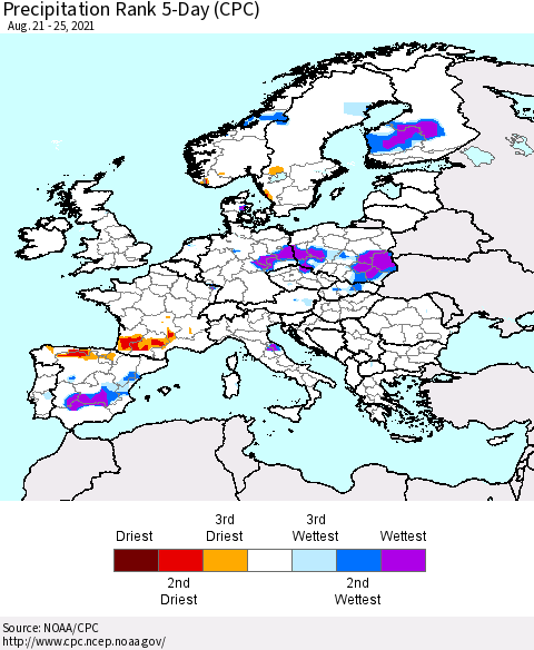 Europe Precipitation Rank 5-Day (CPC) Thematic Map For 8/21/2021 - 8/25/2021